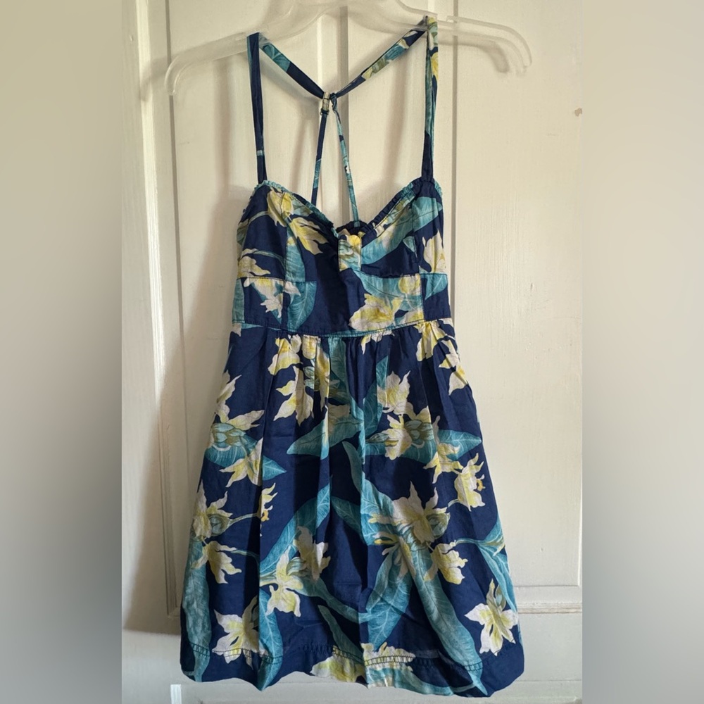 Hollister Womens Navy Blue Floral Lightweight 100% Cotton Dress Elastic Waist XS
